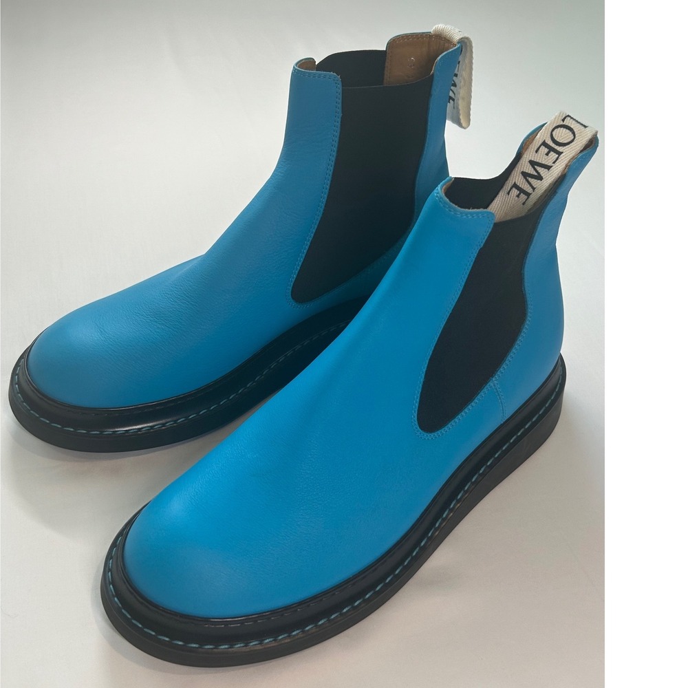 Loewe Chelsea Boots Mens 44 Blue Leather Logo Pull Tab Made in Italy